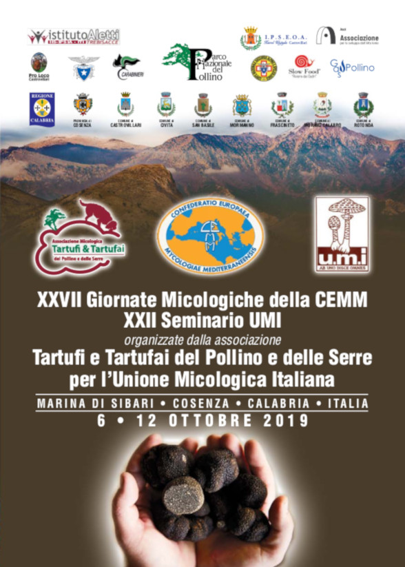 XXVII Giornate Micologiche della CEMM organizzate dall'associazione Tartufi e Tartufai del Pollino e delle Serre per l’Unione Micologica Italiana Marina di Sibari Cosenza Calabria Italia 6-12 ottobre 2019